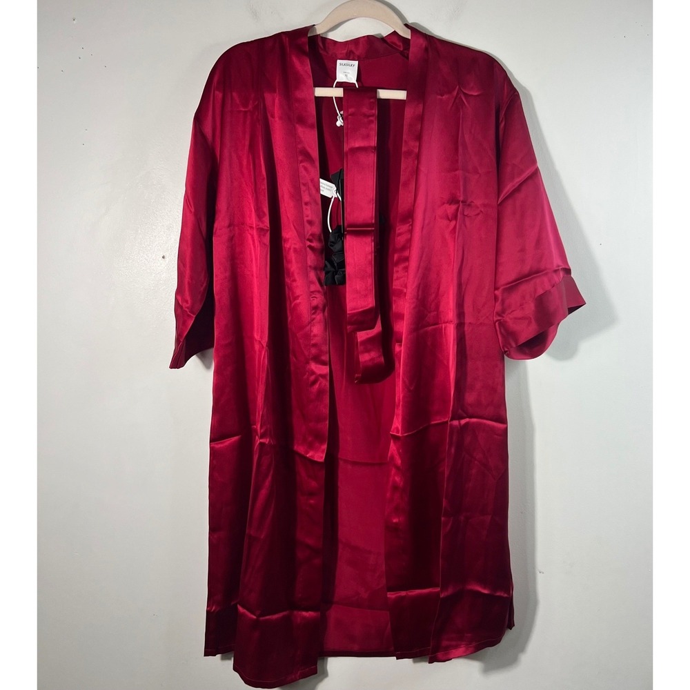 SilkSilky 100% Silk Robe Red Kimono Lounge Wrap with Scrunchie NWT XS